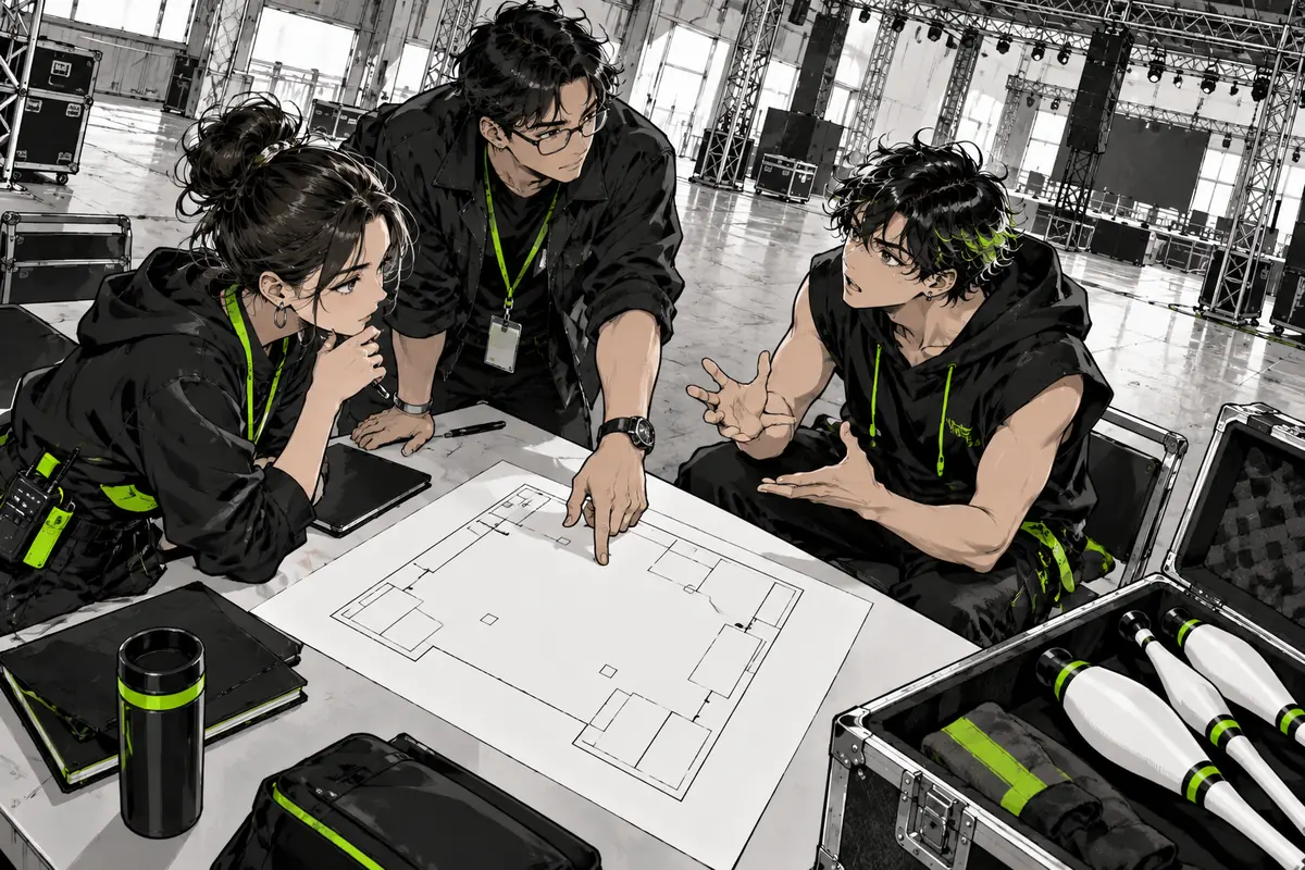 会場図を見ながらイベントの準備を相談する担当者（AI生成イラスト）