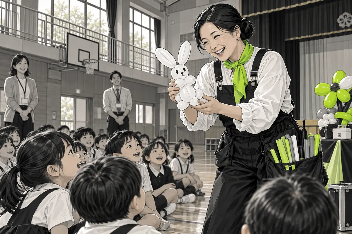 体育館でバルーンアートを楽しむ子どもたち(AI生成イラスト)