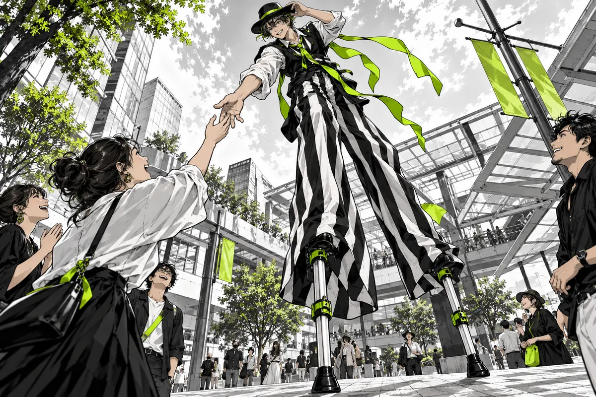 高足のスティルトで来場者を迎えるパフォーマー(AI生成イラスト)