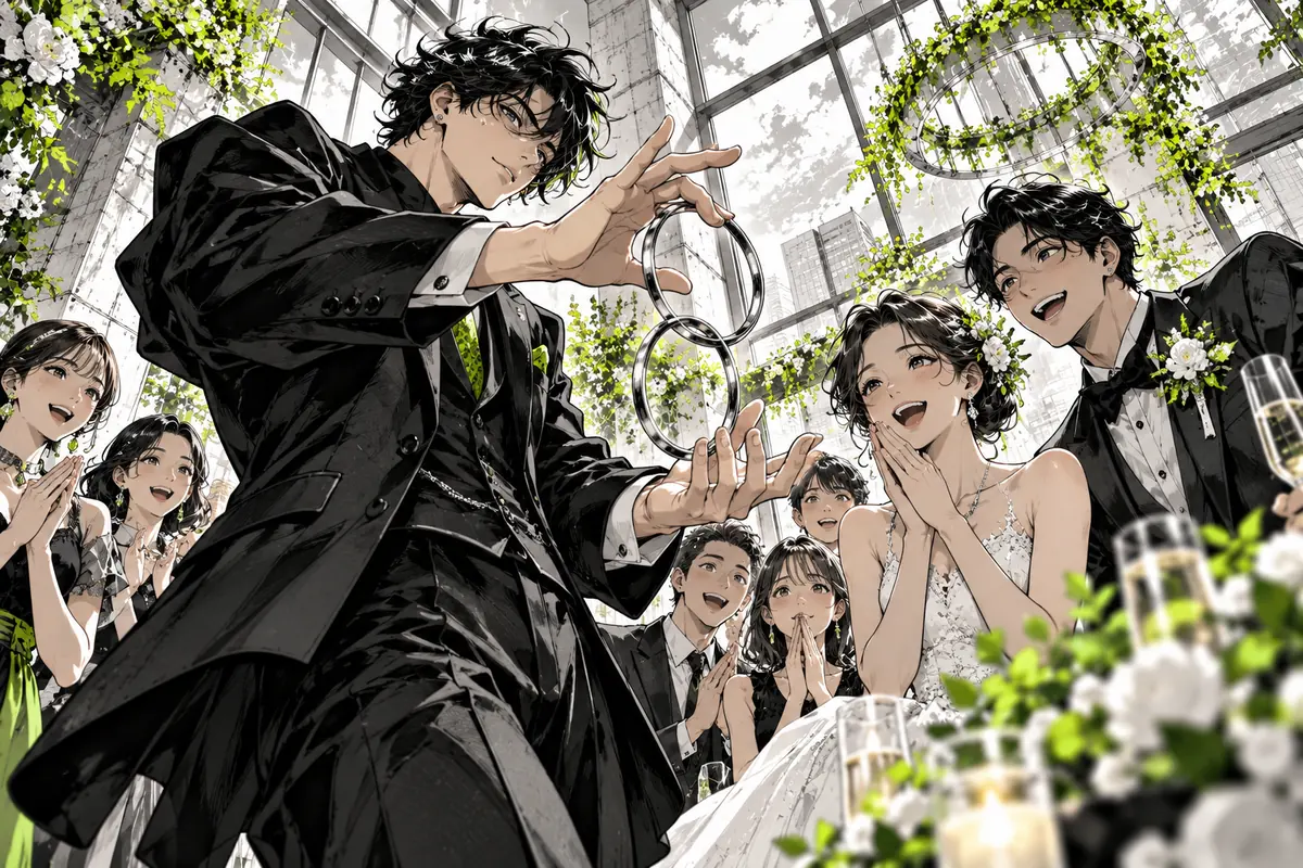 結婚式のゲストにリングマジックを披露する演者(AI生成イラスト)