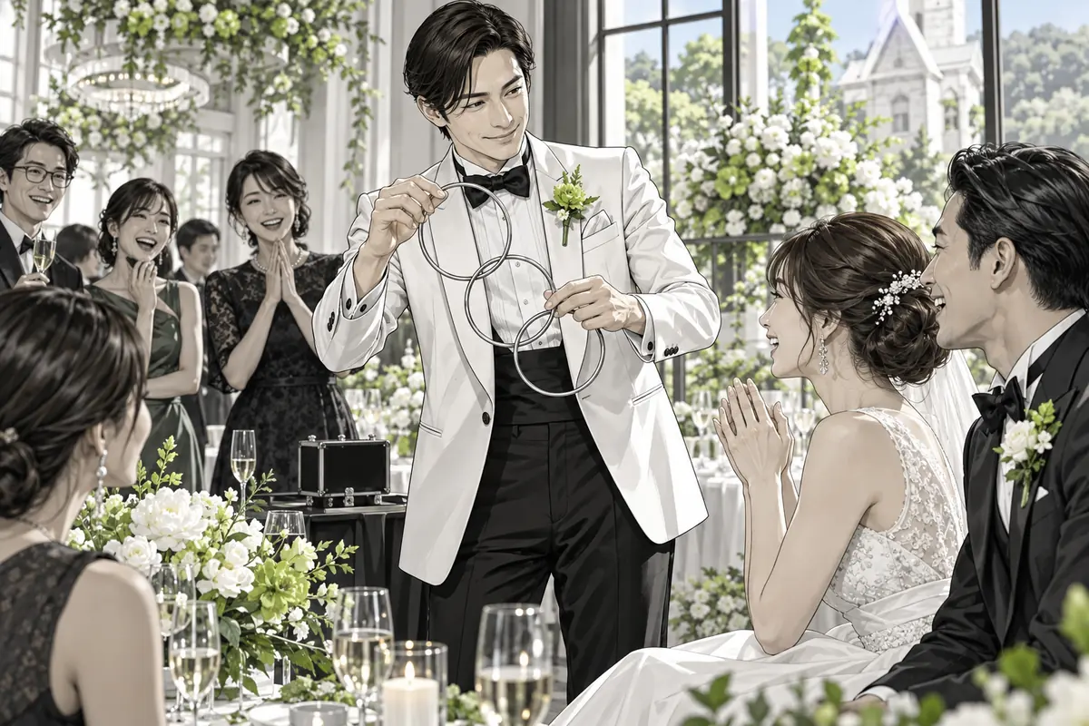 結婚式のゲストにリングマジックを披露する演者(AI生成イラスト)